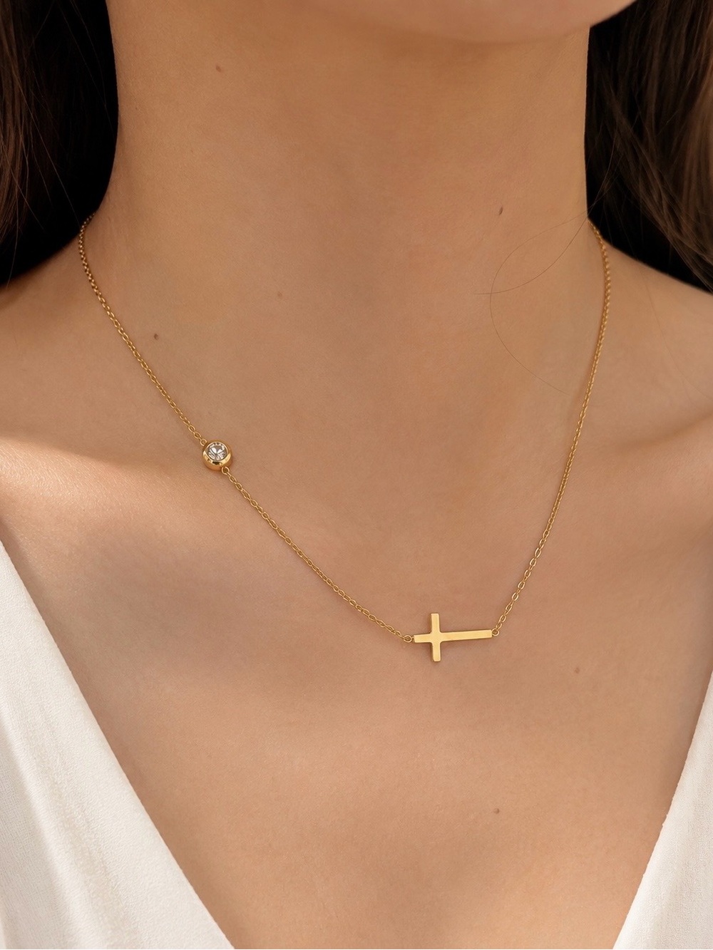 Gold Plated Cross Chain Necklace with Crystal Accent - Women's Jewelry